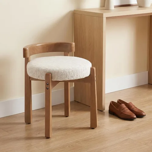 Vista 9 de DUOMAY Taburete de tocador de felpilla beige con respaldo bajo, altura del asiento de 18.75 pulgadas, otomana redonda tapizada, patas de goma