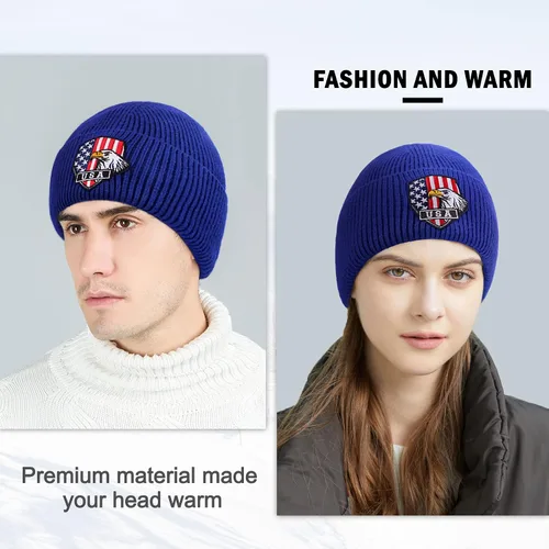 Vista 4 de Gorros para hombre, cálidos sombreros de invierno con bandera americana, águila calva, bordados, de punto suave, con diseño de calavera, 6 34-7 14