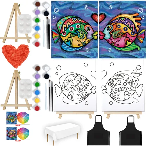Vista 6 de VALLSIP Paquete de 2 Kit de Pintura Paint and Sip Lienzo Predibujado para Pintar para Adultos Lienzo Estirado Juegos para Parejas Noche de Cita