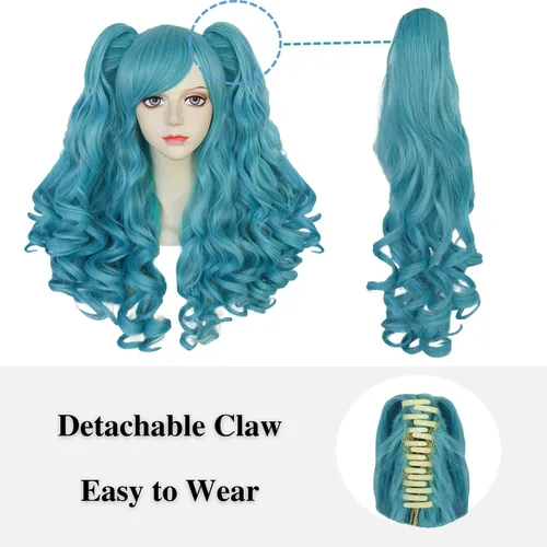 Vista 2 de Anogol Gorro de pelo + peluca larga de cola de caballo rizada azul claro con 2 colas de caballo, peluca azul con flequillo para mujer, peluca