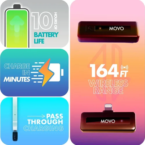 Vista 7 de Movo Micrófono inalámbrico Mini DI Duo - Micrófono de grabación de video para iPhone con micrófono Lavalier, batería de 10 HR, rango de 164 pies