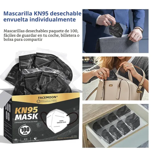 Vista 6 de Mascarillas Faciales KN95 Negras para Adultos - Paquete de 100 Mascarillas Desechables Cómodas de Seguridad de 5 Capas y 5 Extensores de Mascarillas
