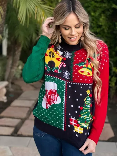 Vista 3 de IFFEI Suéter feo de Navidad para mujer, suéter de cuello redondo con estampado novedoso