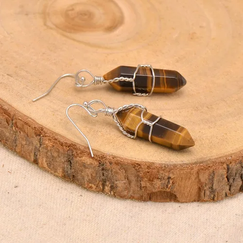 Vista 60 de Pendientes de cristal de punta envuelta en alambre de piedra pulida para mujer Reiki Energy Healing