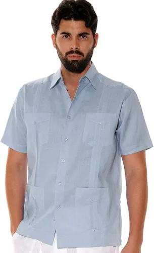 Vista 3 de bohio Guayabera - 100% lino para hombre, tradicional, 4 bolsillos con mangas cortas, color azul reyM, Real