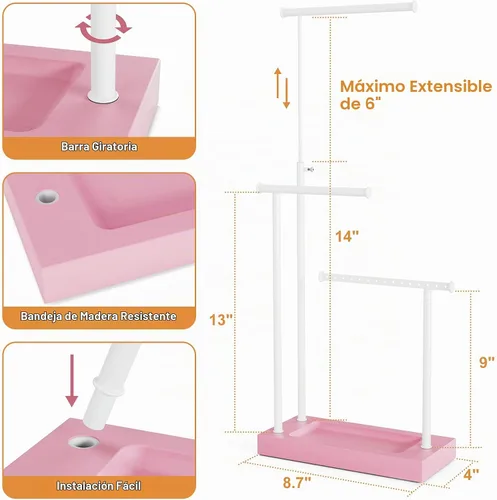 Vista 8 de SRIWATANA Soporte Organizador de Joyas, Soporte para Collar Extra Alto, Soporte para Joyas, Idea de Regalo (Rosa y Blanco)