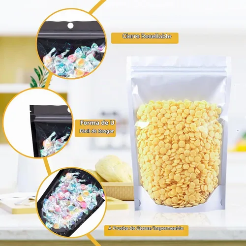 Vista 5 de Paquete de 100 bolsas a prueba de olores, bolsa resellable de Mylar con ventana transparente, bolsa de aluminio de pie para almacenamiento Verde