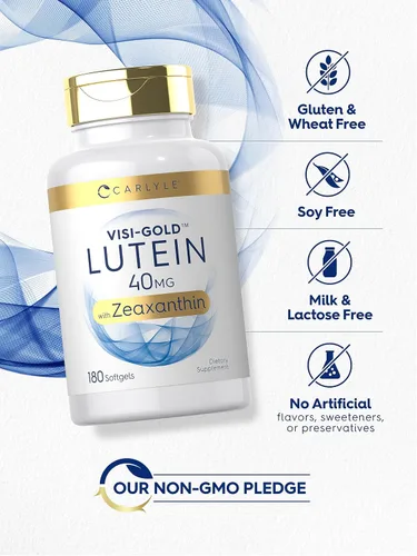 Vista 5 de Suplemento de luteína y zeaxantina Carlyle 40mg 180 cápsulas blandas Píldoras para los ojos Vitaminas para la salud ocular Visi-Gold Sin