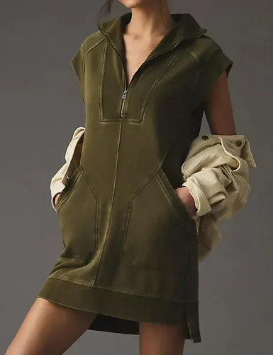 Vista 5 de Labolliy Vestido corto con cuello de solapa y media cremallera para mujer, manga casquillo, dobladillo con abertura, color liso, casual