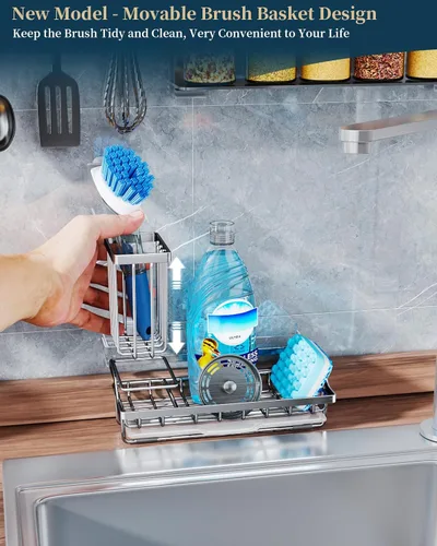 Vista 2 de Consumest Organizador para fregadero, soporte de esponja de cocina con soporte para cepillos de platos, organizador de cocina con bandeja de goteo