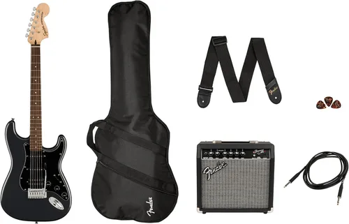 Vista 8 de Fender Affinity Series Stratocaster Mustang Micro Pack, diapasón de laurel, negro, bolsa de concierto, HD9, EE. UU., CA, UE, AU, JP