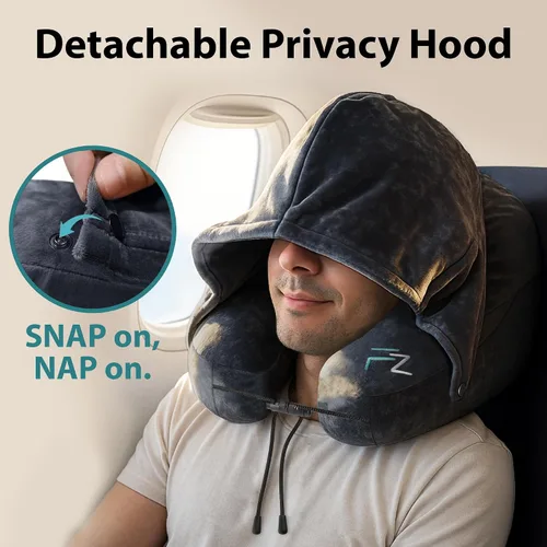 Vista 5 de FLOWZOOM Almohada inflable para el cuello para viajar en avión, almohada de avión con capucha en forma de H con 5 modos de repetición, inflado Negro