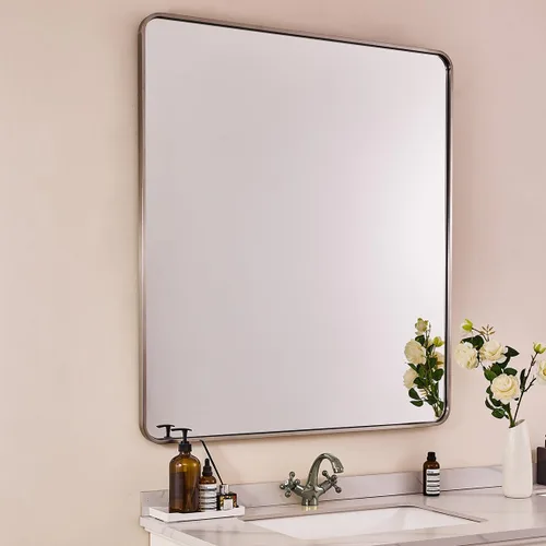 Vista 48 de Espejo de latón para baño, espejo rectangular redondeado de 22x30 pulgadas con marco de metal cepillado dorado, espejo de tocador de baño sin
