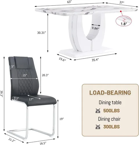Vista 2 de JUFU Mesa de comedor de mármol sintético blanco para 6, con 6 sillas de comedor tapizadas de cuero PU