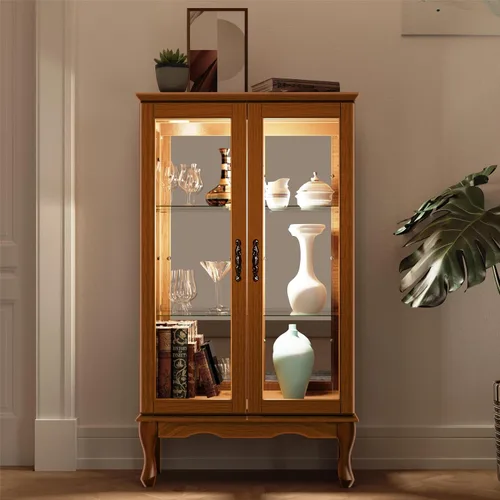 Vista 10 de Dolonm Gabinete Curio con puertas de vidrio templado, gabinetes Curio con panel trasero espejo y estantes ajustables, vitrina iluminada