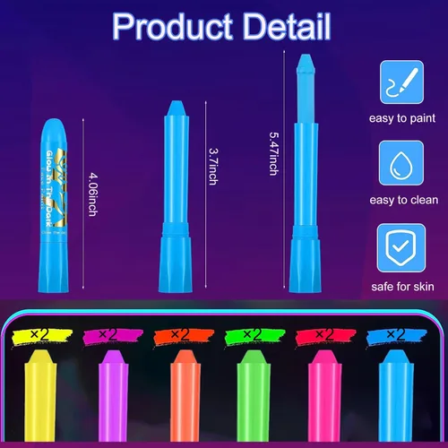 Vista 3 de 12 piezas de maquillaje de pintura facial y corporal con luz negra, kit de pintura facial que brilla en la oscuridad, palos de pintura de neón