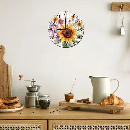 Vista 2 de Reloj de pared de madera de girasol, relojes de pared de granja, funciona con pilas, reloj de pared analógico de 10 pulgadas, reloj de pared