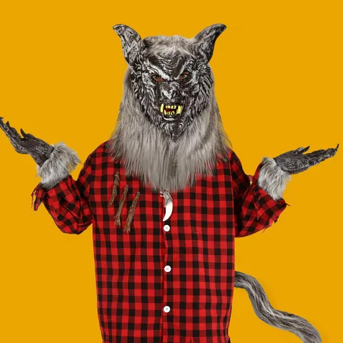Vista 2 de Juego de 6 piezas de disfraz de hombre lobo de Halloween, máscara de cabeza, cola de lobo de piel sintética gris, collar, guantes para adultos