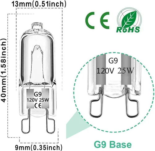 Vista 2 de Bombillas halógenas de 25 W de 25 W G9 T4 JCD Bi-Pin de 120 voltios base halógena para candelabros, apliques de pared, armarios colgantes