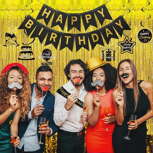 Vista 7 de Decoraciones de cumpleaños en negro y dorado para hombres y mujeres, decoraciones de fiesta en negro y dorado incluyen corona, remolinos colgantes