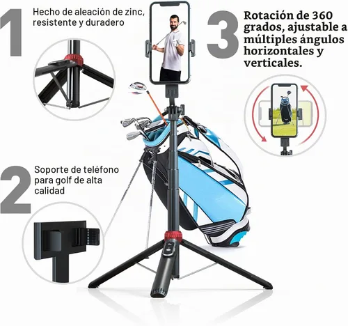 Vista 6 de Trípode de teléfono de 62 pulgadas y palo para selfie para entrenamiento de golf, soporte de trípode extensible para teléfono celular con control