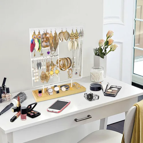 Vista 6 de VIEFIN Soporte organizador de joyas colgante, soporte para aretes, soporte de joyería de 5 niveles con 120 agujeros para aretes, collares, pulseras