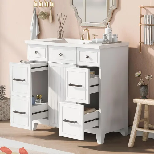 Vista 20 de Tocador de baño multifuncional de 30 pulgadas con lavabo individual, armario combinado de montaje inferior, marco de gabinete de baño de madera