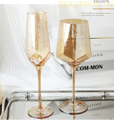 Vista 4 de Copas de vino ámbar vintage, juego de 2 copas de vino de tallo largo, copas de champán, copas de copa sin plomo, elegantes copas de vino ideales