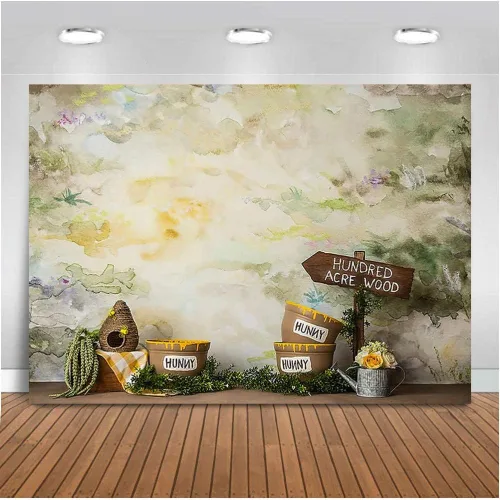 Vista 2 de Hunny Hundred Acre Wood Born Retrato Fotografía Fondo Pintura Cumpleaños Arte Fondo Dulce Miel Sesión de Fotos 86.6x59.1 in ThinVinyl