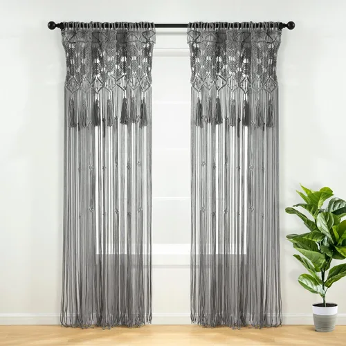 Vista 11 de Lush Decor Cenefa de algodón con borlas de macramé bohemio/cortina de cocina/decoración de pared, 30 pulgadas de largo x 40 pulgadas de ancho, gris