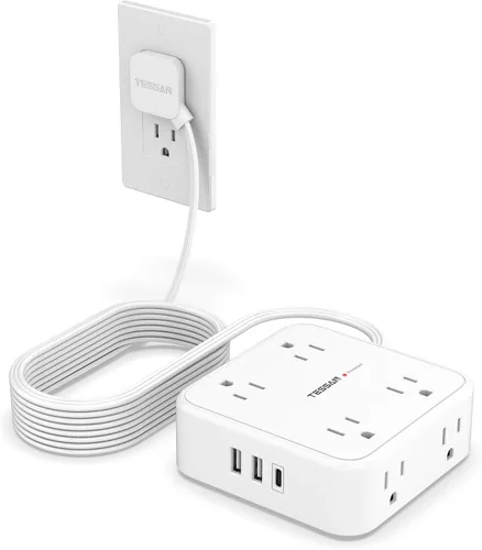 Vista 23 de TESSAN - Tira de alimentación con protector de sobretensiones, cable de extensión plano de 5 pies con 8 salidas de CA, 3 puertos USB (1 USB C), Gris