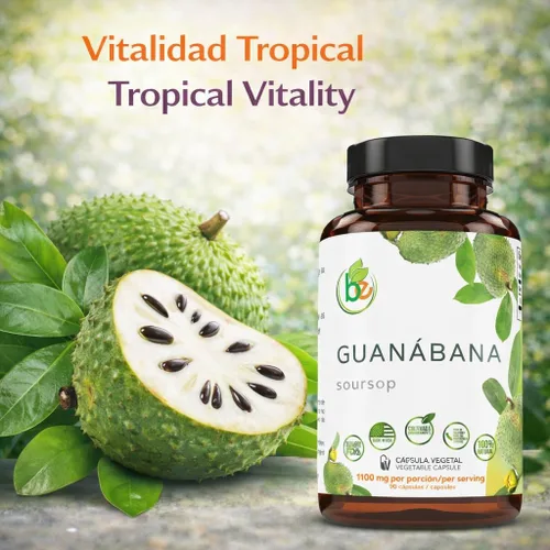 Vista 2 de Guanabana (Guanábana) 90 cápsulas de 1100 mg por porción, potente mezcla de ingredientes 100% naturales de primera calidad, vegetal, cultivada