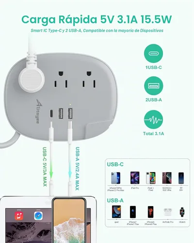 Vista 2 de Alitayee Regleta de alimentación de viaje portátil USB C con 3 tomas, 3 puertos USB, carga rápida, extensor de salida USB extensible con enchufe