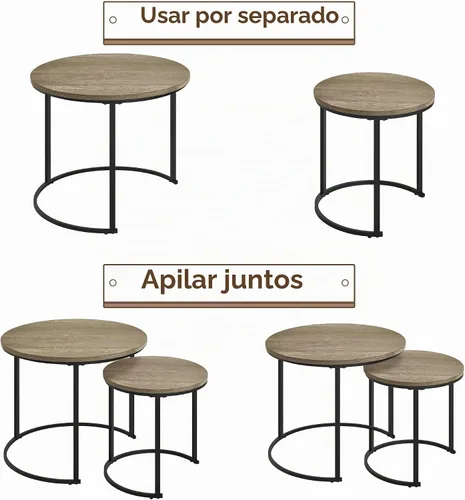 Vista 7 de Yaheetech Juego de 2 mesas auxiliares anidables, mesas auxiliares apilables rústicas, juego de mesa auxiliar anidable con mesa redonda de madera