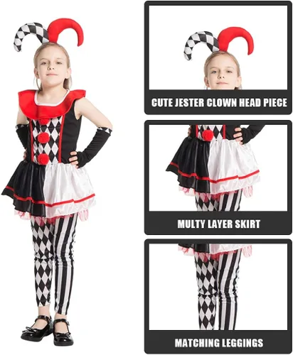 Vista 4 de ReneeCho Disfraz de payaso de bufón para niña disfraz de payaso de circo aterrador vestido tutú ajustado
