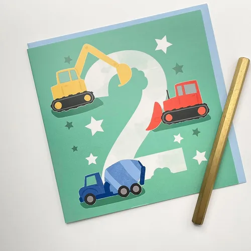 Vista 3 de Old English Co. Tarjeta de primer cumpleaños para niño o niña, tarjeta de feliz segundo cumpleaños para niños de dos años, tema de excavador