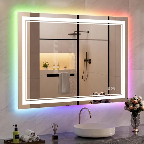 Vista 54 de Espejo de baño LED de 24 x 28 pulgadas, luz frontal y retroiluminada, antiniebla, regulable, espejo de tocador iluminado con memoria, espejo LED