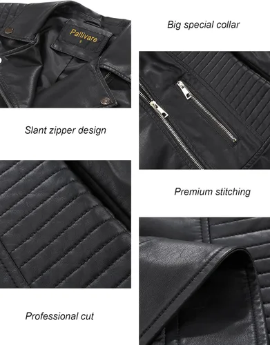 Vista 3 de Chaqueta de piel sintética para mujer, con cremallera, ajustada, para motociclista, para otoño e invierno