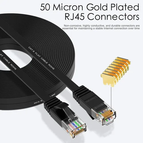 Vista 3 de Cable Ethernet plano Cat 6 de 30 pies, red de 10 Gps, color negro
