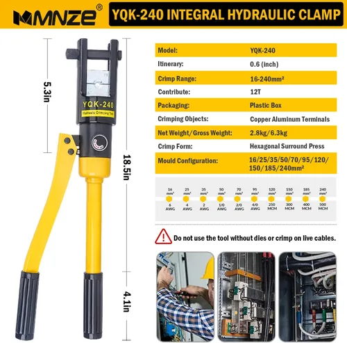 Vista 2 de Alicates de crimpado hidráulico de 12 toneladas de 6 AWG a 500 MCM Kit de herramientas de prensado hidráulico de mano con terminal de cable