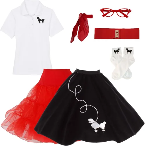 Vista 3 de Hip Hop 50's Shop Falda de caniche de los años 50, enaguas, polo con accesorios, conjunto de disfraz de 7 piezas para adultos
