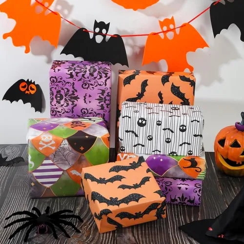 Vista 2 de Dtiafu Papel de regalo de Halloween para niños, niñas, mujeres, hombres y niños, 10 hojas de papel de regalo de fantasma gótico con patrones