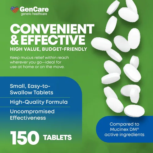 Vista 4 de GenCare - Alivio de mucosidad DM (frasco de 150 unidades) Dextrometorfano HBr 20 mg Guaifenesina 400 mg Alivio genérico de mucosidad DM Pastilla