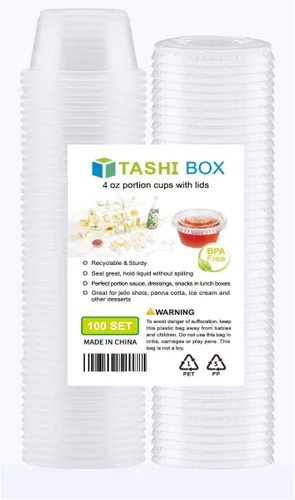 Vista 5 de TashiBox Vasos desechables de plástico para soufflé de 4 onzas con tapas (100 juegos), transparente