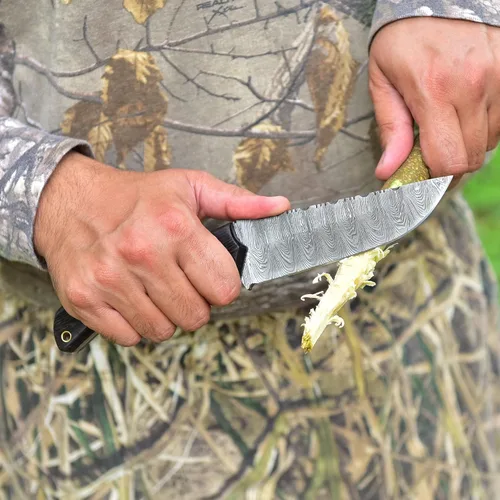 Vista 3 de Cuchillo de acero de Damasco hecho a mano para caza, cuchillo de hoja fija para camping, supervivencia y actividades al aire libre, 10 pulgadas