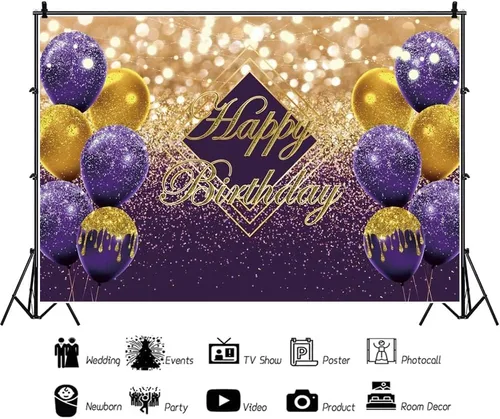 Vista 3 de Renaiss Telón de fondo violeta de 5 x 3 pies para sesión de fotos de niños, hombres y mujeres, retrato de globos dorados morados, fondo