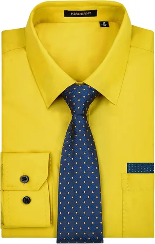 Vista 59 de HISDERN Mens Dress Shirt with Tie Pocket Square Set Classic Button Down Shirt Matching Tie Long Sleeve Shirts 08-verde