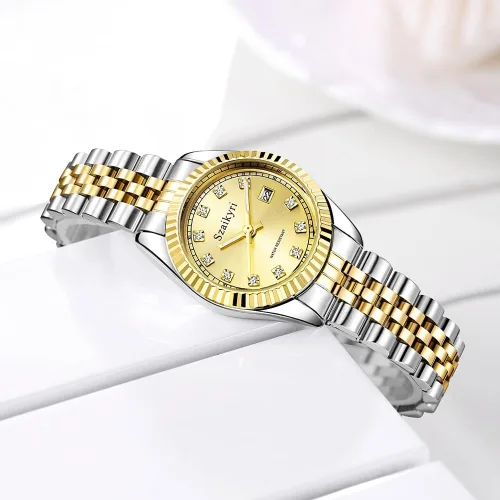 Vista 5 de Reloj clásico para mujer con banda de acero inoxidable sólido, reloj de vestir para mujer, reloj con calendario