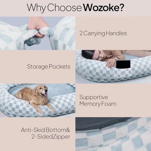 Vista 4 de Cama humana para perros de 74 x 50, tumbona impermeable de espuma viscoelástica, rejilla azul Cama de espuma viscoelástica de gran