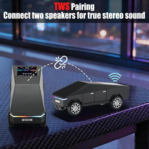 Vista 5 de Altavoz de reproducción Bluetooth futurista con pantalla LED, audio portátil de estilo futuro con enlace TWS, radio FM, iluminación LED y micrófono